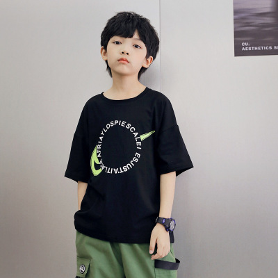 Boy's Short-Sleeved T-shirt 2021 New Fashionable Summer Clothing Children's Fashion Brand Top Loose round Neck Medium and Large Children's Clothing Half-Sleeved T-shirt