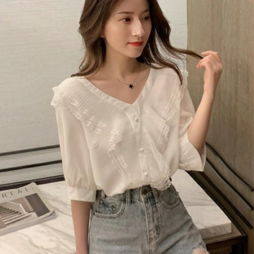 lace v-neck top women‘s new summer tide super fairy slimming fashion design sense fashionable short sleeve chiffon small shirt