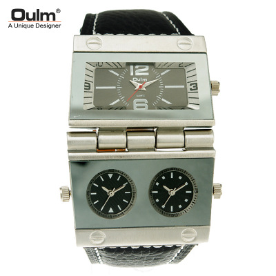 Oulm Oulm Men's Watch Large Dial Fashion Watch Multi-Time Zone Genuine Leather Strap European and American Men's Quartz Watch
