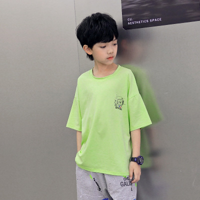 Boy's Short-Sleeved T-shirt 2021 New Fashionable Summer Clothing Children's Fashion Brand Personalized Printed round Neck Medium and Large Children's Clothing Half-Sleeved T-shirt