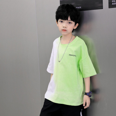 Boys' Blooming Short Sleeve 2021 New Fashionable Summer Clothing Children's Korean Style Loose round Neck T-shirt Medium and Big Children's Half Sleeve Fashion