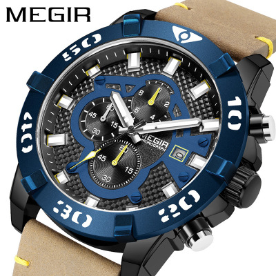 Megir Megir Men's Watch Timing Luminous Leather Large Dial Watch Sports Quartz Watch 2136G