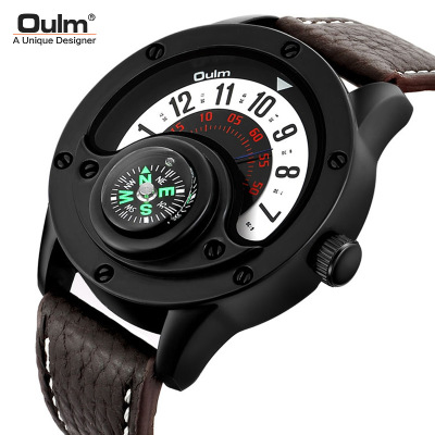 Oulm Original Genuine Leather Men's Watch Quartz Large Dial Fashion Casual Creative Foreign Trade Popular Style Factory Direct Sales