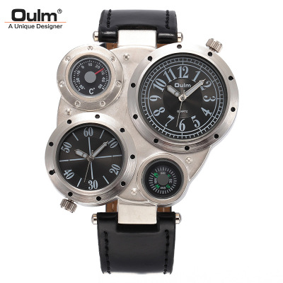 Oulm Oulm Dual Time Zone Men's Leather Belt Watch Large Dial Compass Quartz Watch Watch Cross-Border Hot