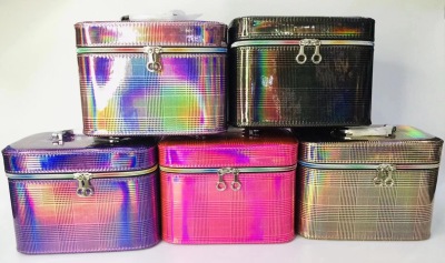 Factory Direct Sales Large Capacity Cosmetic Bag Portable Portable Make-up Bag Striped Laser Three-Piece Storage Box