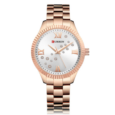 Curren Carian 9009 Steel Belt Quartz Women's Rose Gold Watch New Simple Rhinestone Pointer Watch