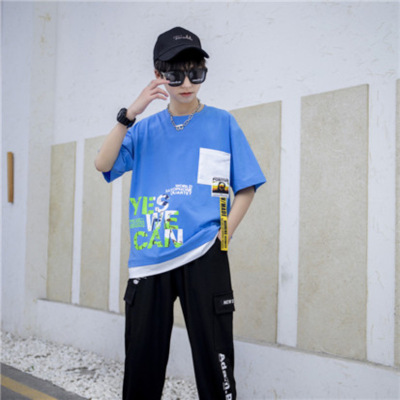 Men's Contrast Color Short-Sleeved T-shirt Wholesale Children's Clothing 2021 Summer New Korean Style Western Style Fashion Brand Top