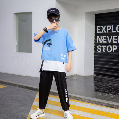 Men's Children and Teens Short Sleeve T-shirt 2021 Summer New Korean Style Fashion Brand Patchwork Top Hip Hop Style Western Style Fashion