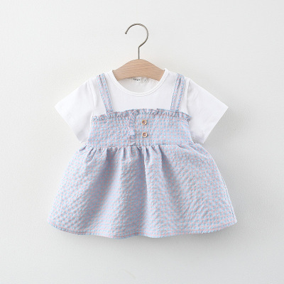 Trendy Children's Clothing Wholesale Girls' Short-Sleeved Dress Summer Infant Baby Girl Baby Plaid Fake Two Pieces Princess Skirt