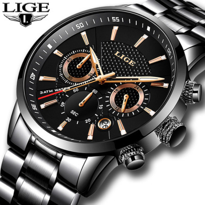 Foreign Trade Lige Lige Men's Sports Quartz Watch Waterproof Steel Band Eyes Multi-Function Watch Business Watch