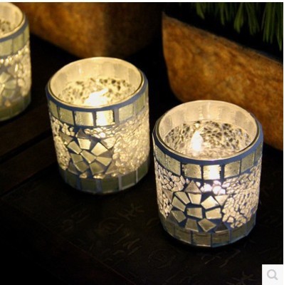 Simple Modern Silver White Handmade Mosaic Glass Candlestick Romantic Home Bar Party Props Candle Cup