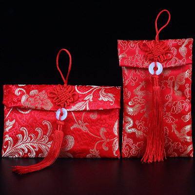 Factory in Stock Wholesale High-End Brocade Wedding Red Envelope Satin Cloth Festive Ten Thousand Yuan Packaging New Year Gift Modified Wedding Bag