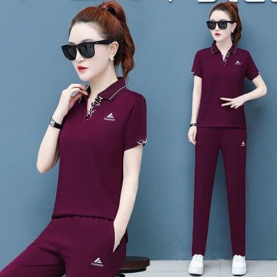 2021 New Polo Collar Short-Sleeved Trousers Casual Sportswear Suit Women's Summer Fashion Printed Loose plus Size Two-Piece Suit