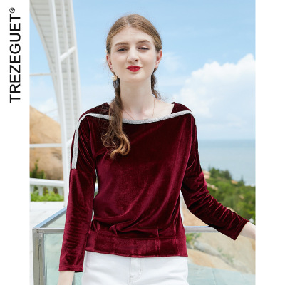 2021 Spring Women's Clothes New Square Collar Slimming Korean Style Gold Velvet Flash Chain Long Sleeve Top Women Wholesale 6009