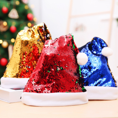 Christmas Decorations Double-Sided Turning Piece Christmas Sequin Cap Colored Beads Pick Adult Christmas Hat