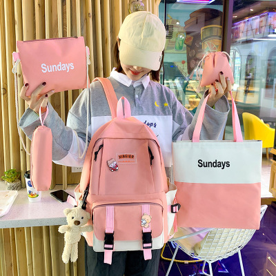 2021 New Korean Style Five-Piece Backpack Women's Large Capacity Fresh Canvas Junior High School Student Schoolbag Customization