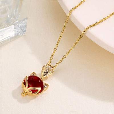 Internet Celebrity Same Style Red Pendant Fox Necklace Chic Short 18K Gold Micro Inlaid Zircon Girlfriends Clavicle Chain Female