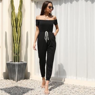 AliExpress Cross-Border Solid Color Short-Sleeved Casual off-Shoulder Lace-up Jumpsuit Straight-Leg Pants European and American Temperament Female 2021 Summer