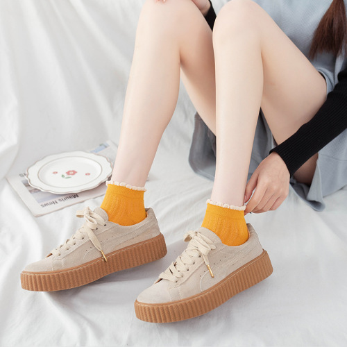 wooden ear socks women‘s cute shallow mouth korean socks japanese spring and summer thin solid color lace cotton ankle socks