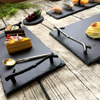 Simple Retro Style Branches Handle Decoration Display Plate Dessert Plate Slate Tray Household Swing Plate