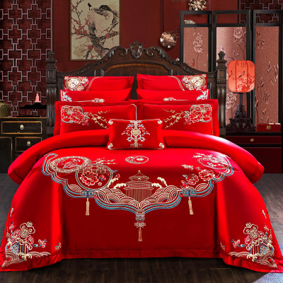 New Wedding 60S Long-Staple Cotton Four-Piece Set Cotton Match Sets Wedding Red Set Embroidery Chinese Style Wholesale