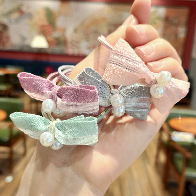 New Elegant Style Simple Two-Color Ribbon Bow Hair Rope Pearl Grace Headband Hair Accessories for Fair Lady Hair Ring