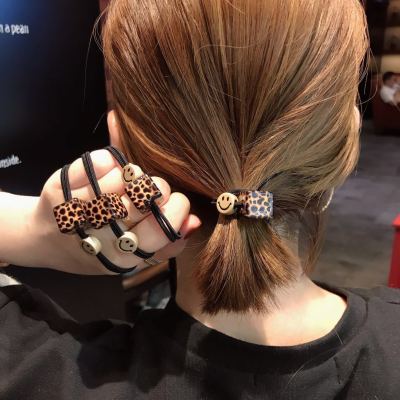 Korean Dongdaemun Same Product Leopard Print Acrylic Cube Smiley Face High Elastic Hair Bands Temperament Bun Hair Ring Hair Rope