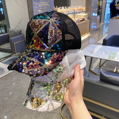 Women's Korean-Style Colorful Sequined Peaked Cap Summer Breathable Mesh Baseball Cap Youth Traveling and Shopping Sun Hat