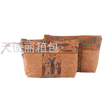Wood Grain Printing Stitching Cosmetic Bag Double Pull Double Bag Handbag Portuguese Special Souvenir Bag