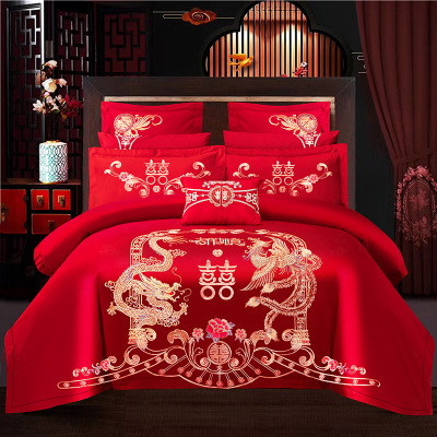 Factory Direct Sales Wedding Four-Piece Set Wedding Bedding Wedding Four-Piece Set Embroidered Red Four-Piece Set Pure Cotton