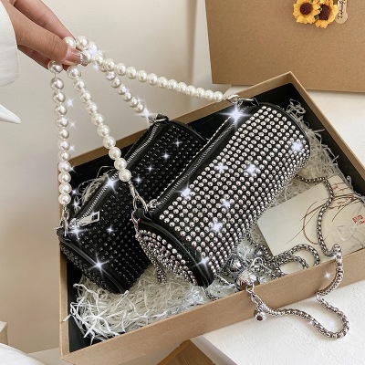 Personality Pearl Portable round Bag Female 2021 Korean Fashion Rhinestone Popular Net Red Versatile Chain Shoulder Liquid Bag