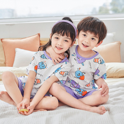 2021 Summer New Children's Short-Sleeved Suit Baby Breathable Cotton Mesh Short Sleeve Home Wear for Boys and Girls Air Conditioning Clothes