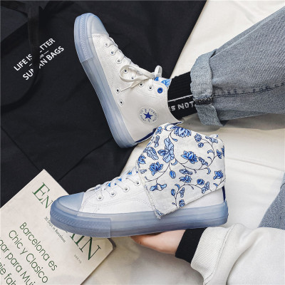 Engraved Lay Zhang's Same Style Blue and White Porcelain Square High-Top Canvas Shoes for Men and Women Couple Gel Shoes Transparent Bottom 9208