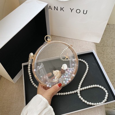Acrylic Transparent Small Bag 2021 New Trendy Korean Jelly Trending Girl Pearl Chain Small Crossbody round Bag