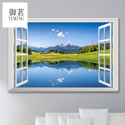 Yiming Grassland Snow Mountain Landscape Fake Window Wall Sticker Living Room Bedroom 3D Decorative Stickers Cross-Border E-Commerce Supply