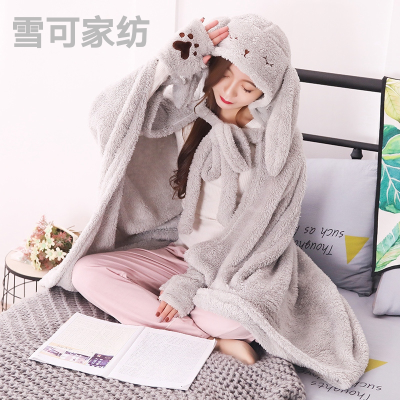 Thick Long-Ear Rabbit Cloak Blanket with Gloves Hat Shawl Coral Fleece Air Conditioning Blanket Cloak Gift for Women