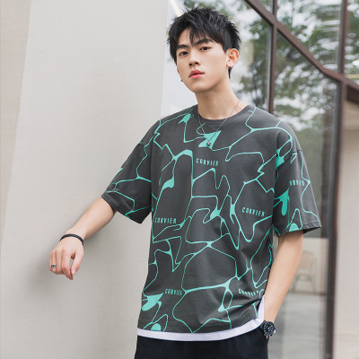 Short-Sleeved T-shirt Men's Cotton Fashion Brand Clothing T-shirt Half-Sleeve Base Summer New Loose False Two Pieces Clothes Men's