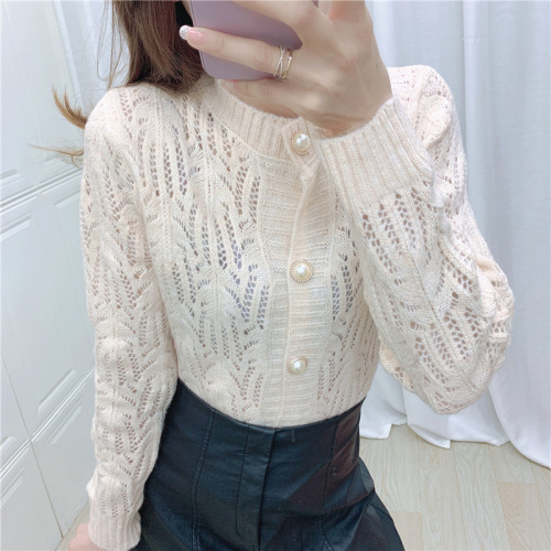 hong kong style retro fantasy sweater hollow mohair spring  style top casual french pearl buckle cardigan