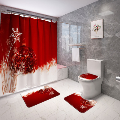 Cross-Border Christmas Bell Ball Ball Printing Shower Curtain Floor Mat Four-Piece Set Combination Bathroom Mat Set Amazon Hot Sale