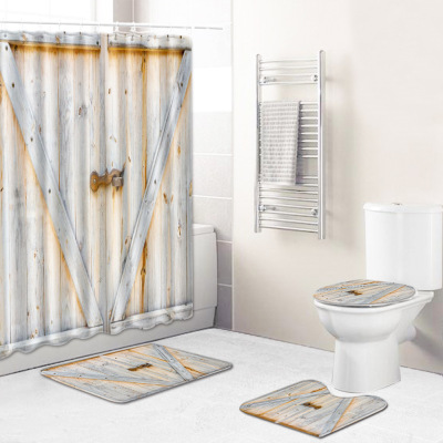 Wooden Door Cross-Border Mat Shower Curtain Bathroom Anti-Slip Mats Four-Piece Set Amazon Sources Graphic Customization