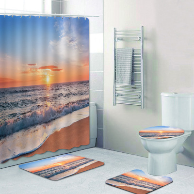 Printed Mat Shower Curtain Non-Slip Cold-Proof Carpet Waterproof Mildew-Proof Polyester Shower Curtain Four-Piece Set Xi Seaside Chenxi
