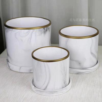 New Matt White Marbling Golden Edge Cylindrical Straight Ceramic Flower Pot Containers for Plants and Flower