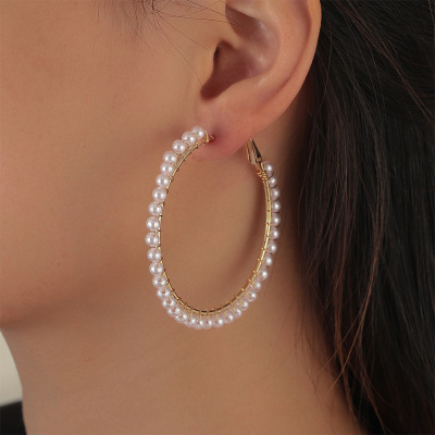 Factory Direct Sales Pearl Big Hoop Earrings Women's All-Match Cold Women's Earrings Pair