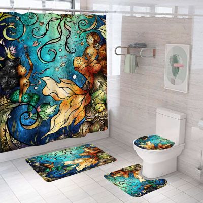 Cross-Border Supply 3D Digital Printing Light Green Marine Life Series Bathroom Waterproof Shower Curtain Polyester Four-Piece Suit Pack