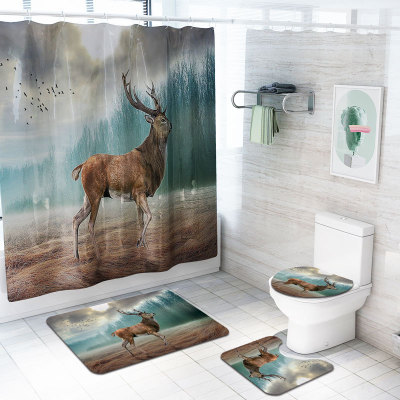 Cross-Border Hot Selling Personalized Patterns Deer Waterproof Shower Curtain Four-Piece Set Toilet Mat Suit Toilet Partition Curtain Customization