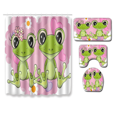 Cross-Border New Frog Picture Printing Shower Curtain Floor Mat Four-Piece Set Bathroom Mat Set Partition Curtain Cross-Border Hot Sale