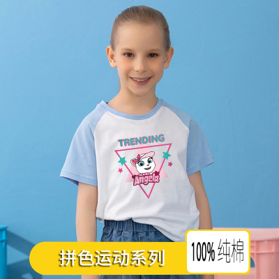 TOM Talking Tom Cat 2021 Summer New Children's Clothing Cartoon Printed T-shirt Color Matching Raglan Girl Short-Sleeve round-Collar Shirt