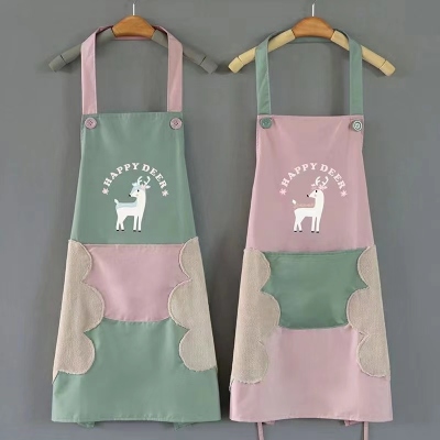 Kitchen Apron Cartoon Deer Erasable Hand Home Creative Fashion Apron Waterproof Oil-Proof Polyester Neck-Hanging Apron