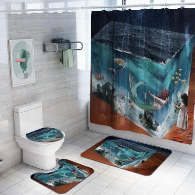 . Cross-Border Mermaid Four-Piece Amazon Bathroom Carpet Cross-Border New Arrival Shower Curtain Printing Pad Hot Sale Floor Mat Set