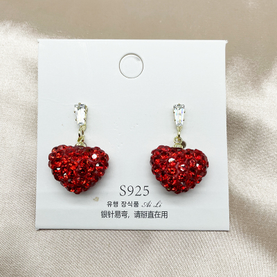 Sterling Silver Needle Red Full Diamond Peach Heart Earrings New Year Celebration Diamond Heart Earrings Korean Fashion Online Influencer Earrings